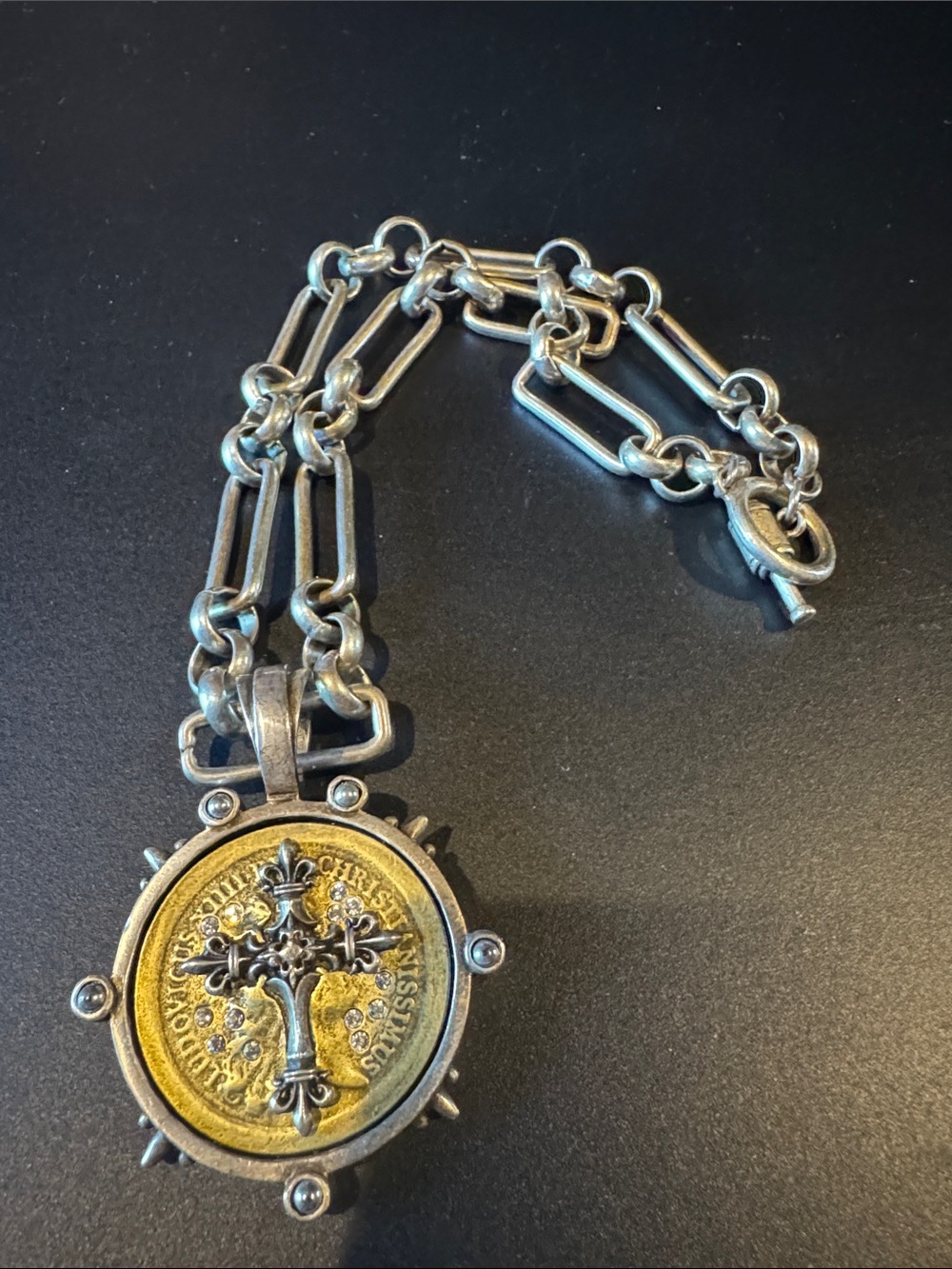 French Kande Two-Tone Cross Medallion Necklace - Silver & Gold